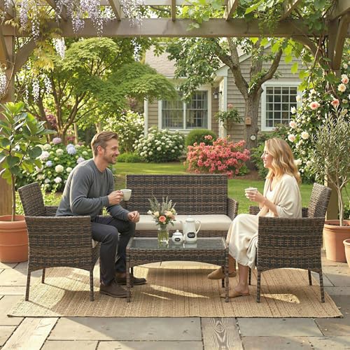 Outsunny 4 Pieces Wicker Patio Furniture Set, PE Rattan Outdoor Conversation Set with Loveseat, 2 Chairs, Tempered Glass Coffee Table and Cushions for Garden Porch Balcony, Beige