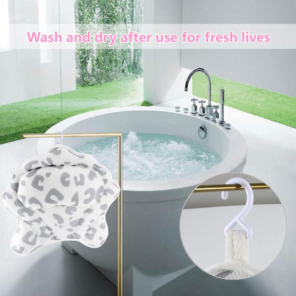 MoKasi Bath Pillow Tub Pillow - Thicker Bathtub Cushion for Head/Shoulder/Neck/Back Support, Ergonomic Jacuzzi Pillow Spa Relaxation Accessories 3D Air Mesh Headrest with Strong Suction Cup & Hook : Beauty