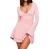 eoeoo Women's Sexy V Neck Ruffle Hem Mini Dress Ruched Waist Long Sleeve Flowy Party Short Dresses