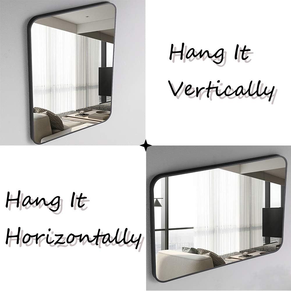 LOIGYUR Wall Mirror for Bathroom,20x30 Inch Wall Mounted Mirror with Black Metal Frame & Rounded Corner for Horizontal or Vertical: Furniture & Decor