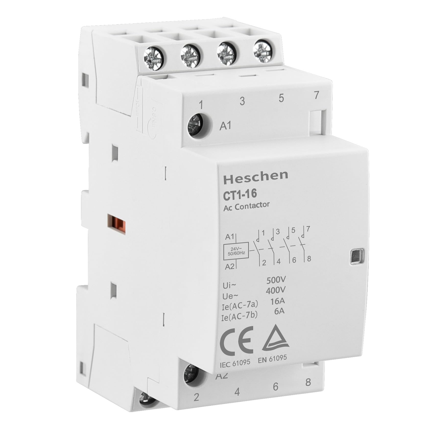 Heschen Household AC Contactor, CT1-16, Ie 16A, 4 Pole, Four Normally Open, AC 24V Coil Voltage, 35mm DIN Rail Mount