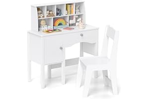 HONEY JOY Kids Desk and Chair Set, Wooden Children School Study Table and Chair w/Drawer, Hutch, Storage Shelves, Student Wri