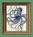 Blue Octopus illustration beautifully upcycled vintage dictionary page book art print