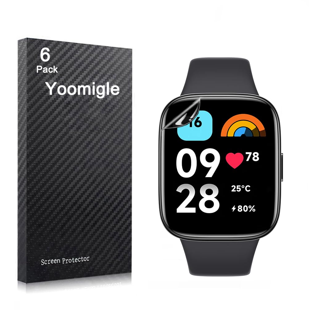 Yoomigle 6 Pack Compatible with Xiaomi Redmi Watch 3 Screen Protector Film for Redmi Watch 3 1.75” Smartwatch Screen Protectors Foils Screen Cover Crystal Clear HD Anti-Scratch Anti-Fingerprint