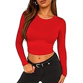 ForeFair Womens Crew Neck Long Sleeve Crop Top Tight Going Out Tops Fitted Fall Y2K Basic Shirts