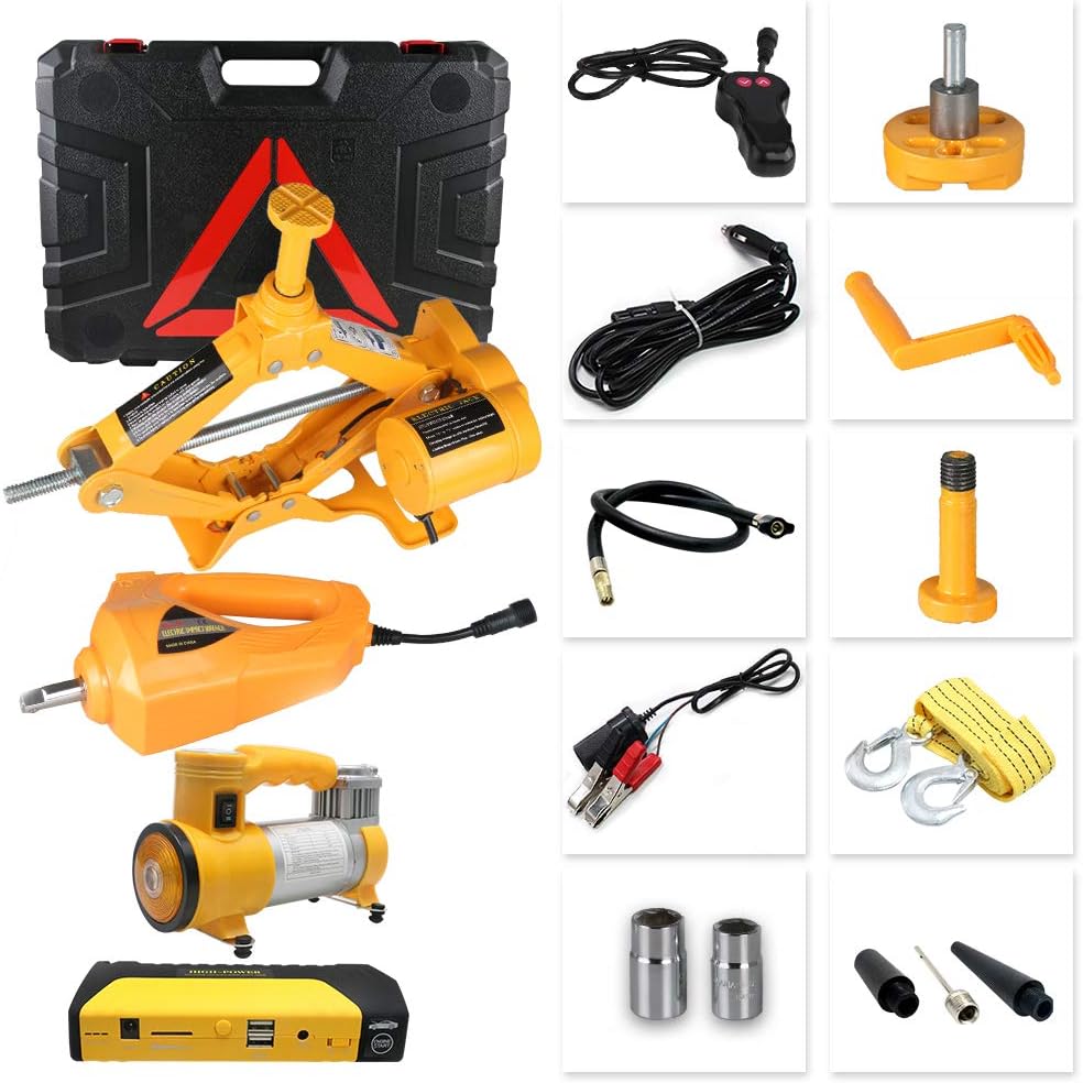 GOGOLO 4 in 1 Car Emergency Tool kit, 12V DC 3Ton(6600lb) Electric Hydraulic Floor Jack Set Electric Tire Pump Electric Impact Wrench Car Jump Starter with LED Flashlight for Car, SUV, Van