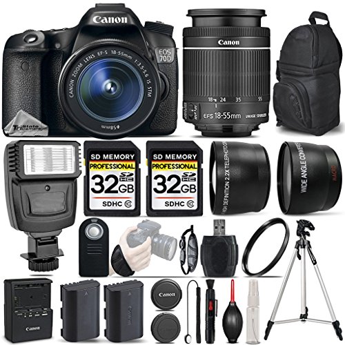 Canon EOS 70D DSLR Camera + Canon 18-55mm IS STM Lens + Flash + 0.43X Wide Angle Lens + 2.2x Telephoto Lens + 2 Of 32GB Class 10 Memory Card + Backup Battery - International Version Canon EOS 70D DSLR Camera + Canon 18-55mm IS STM Lens + Flash + 0.43X Wide Angle Lens + 2.2x Telephoto Lens + 2 Of 32GB Class 10 Memory Card + Backup Battery - International Version