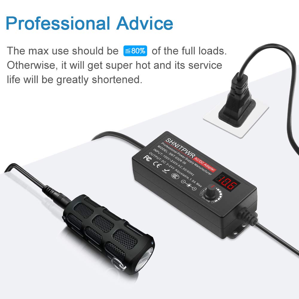 SHNITPWR 36W Universal AC to DC Adapter 3V ~ 24V Adjustable Power Supply AC/DC Converter Transformer 3V 5V 6V 9V 12V 15V 18V 19V 20V 24V 1A 1.2A 1500mA with 14 Tips & Polarity Converter