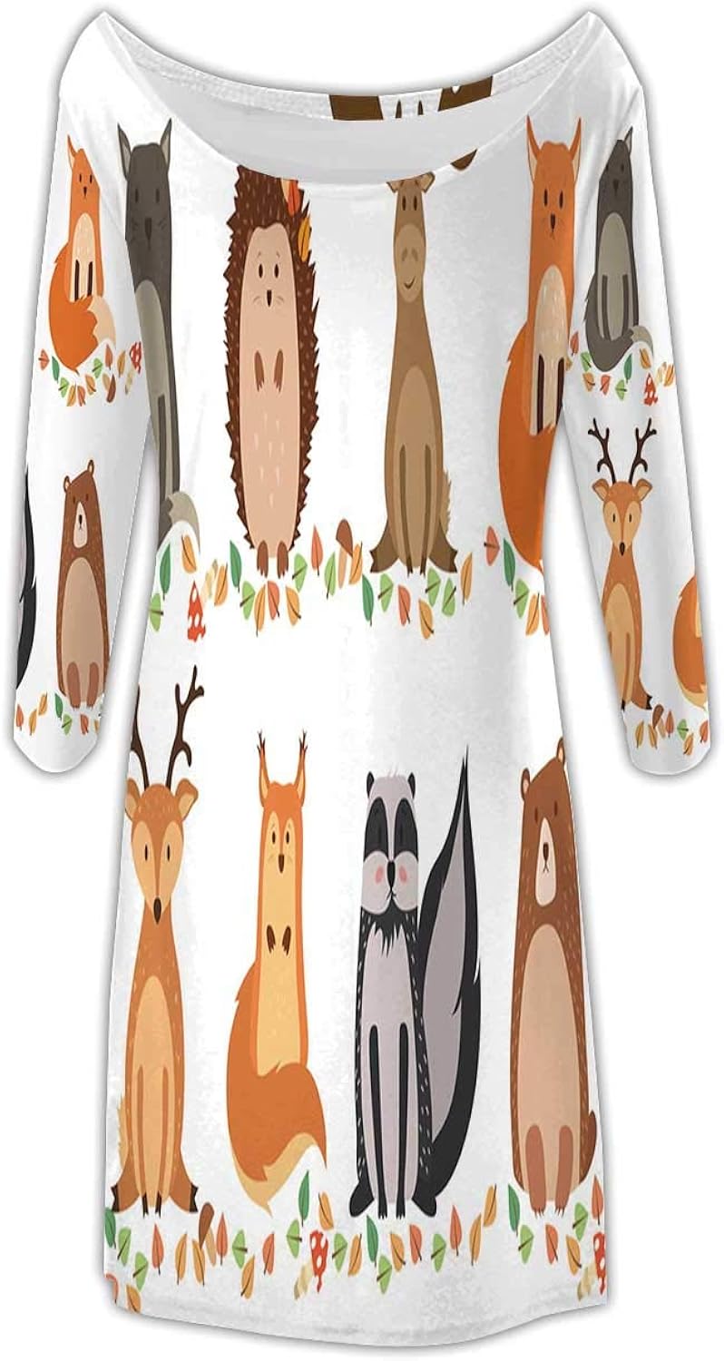 Deer Forest Snow mas Winter Seasonpaper Vector Womens Comfy Swing Tunic Long Sleeve T Shirt Dress,29548o for Party,XS