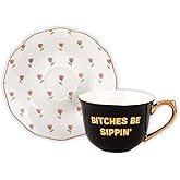 Slant Collections Ceramic Tea Cup and Saucer Set, 5-Ounce, Bitches Be Sippin