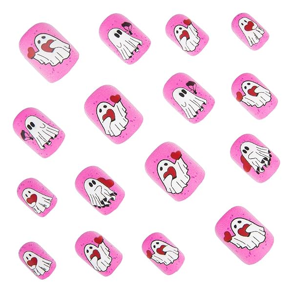 24 PCS HALLOWEEN PRESS ON NAILS SHORT SQUARE NAIL TIPS,YEFIUO PINK MATTE FAKE NAILS PRESS ONS ACRYLIC NAIL KIT GLUE ON NAILS FULL COVER REUSABLE FALSE NAILS FOR MA’AM GHOST NAIL ART DECORATIONS