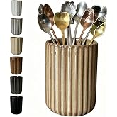 TOPYOKK Stoneware Coffee Bar Utensil Holder Tea &amp; Coffee Spoon &amp; Stirrer Holder for Stir Stick Straw Teaspoon Holder Espresso Spoon Cup Small Utensil Jar Fluted Vertical Stripe (Rustic Brown)