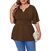 Beauhuty Women's Plus Size Shirts V Neck Loose Tops Ruffle Short Sleeve Blouse Casual Work Trendy Dressy Slit Hem Tunic