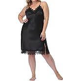 Women's Plus Size Full Slips Lace Chemise Lingeries Sexy Front Slit Negligees Silky Nightgown Sleepwear