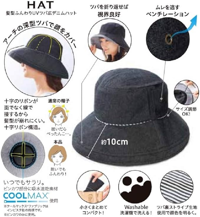 Amazon Co Jp コジット 帽子 Uv レディース つば広 髪型ふんわり デニムハット ブラック ホーム キッチン