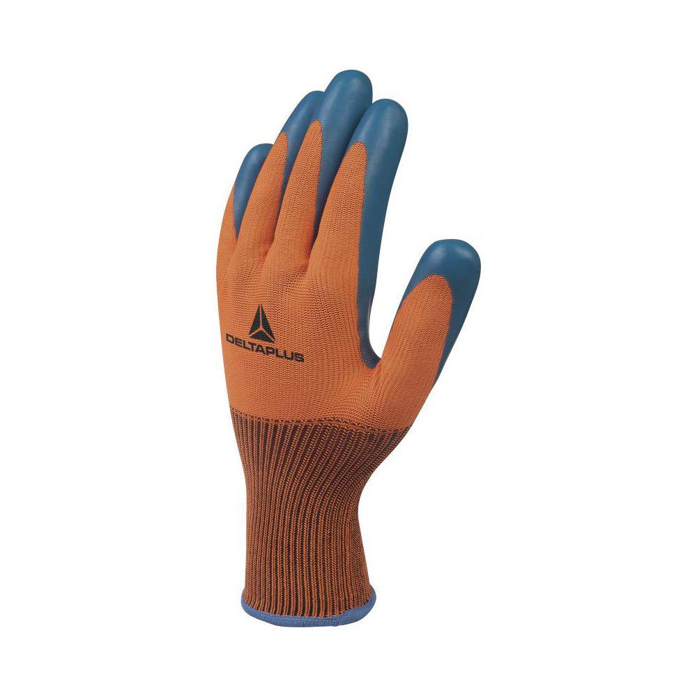 Delta Plus VE733OR09 glove in fine woven polyester, latex coated palm, orange / navy blue, size 09, one pair of gloves