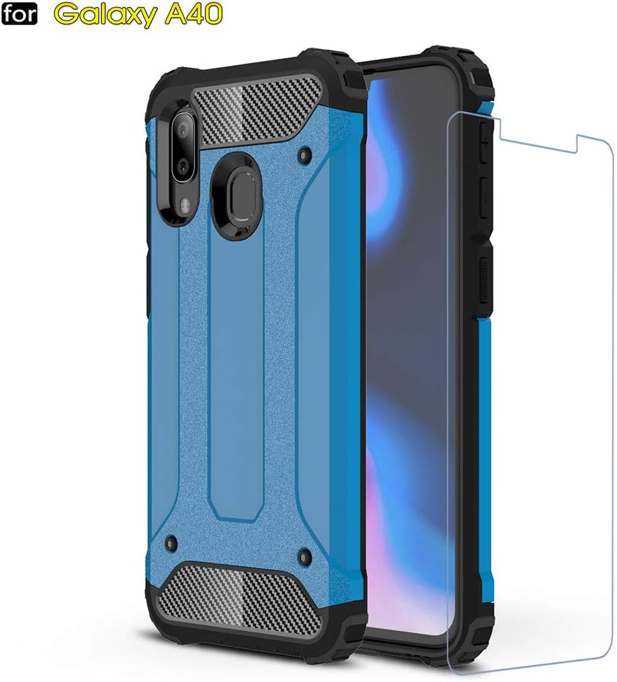 DESCHE for Samsung A40 Case, Hard PC Soft TPU 2 in 1 360° protective armor Shockproof scratch-resistant Durable phone case + Tempered glass -Blue