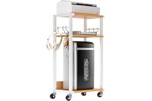 YMYNY Mobile Printer Stand, 3-Tier Printer Cart with Adjustable Storage Shelf and 6 S-Hooks, Tall Printer Table for Home Office, for Computer Tower Stand, Shredder, CPU Stand, Natural, UHPT002N