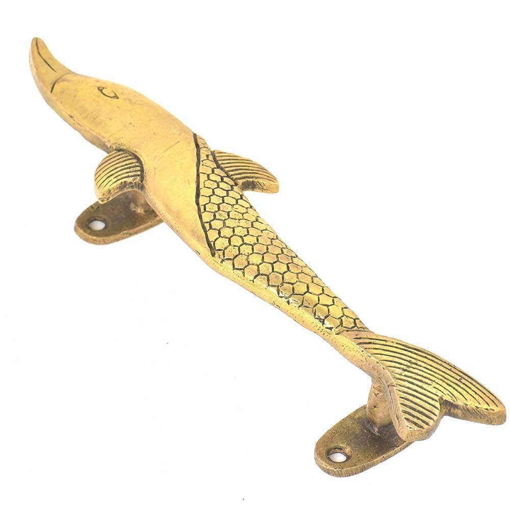 Purpledip Brass Handle: Fish Shape Vintage Design Grip for Door Window Dresser Cupboard Drawer, 12 Inches Long, Golden (11024B)