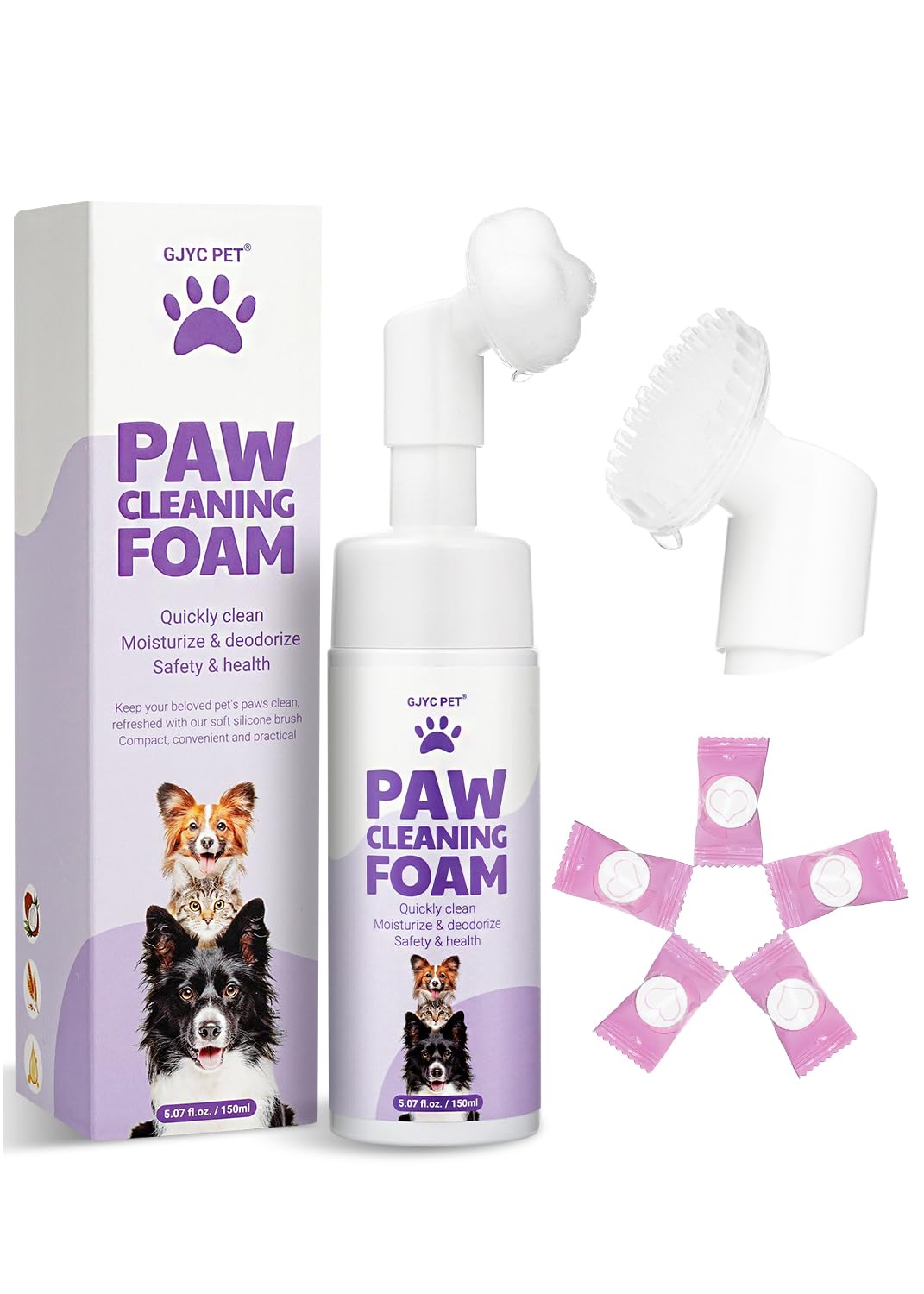 No-Rinse Paw Cleaner Foam-Waterless Paw Cleaner with Enhanced Silicone Scrubber| Natural Plant-Based Magic Foam | No-Rinse Shampoo + 5 Microfiber Compressed Towels Included for Dogs & Cats