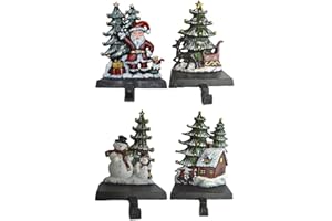 Lulu Decor, Cast Iron Christmas Stocking Holder, Sleigh with Deer, Santa with Gifts, House with Kids & Snowman with Christmas Tree, Set of 4 Hooks