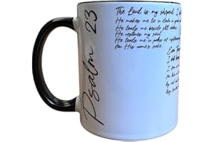 Handmade White Mug with Black Interior & Handle – Psalm 23 Scripture with Matching Coaster – Inspirational Christian Gift – T