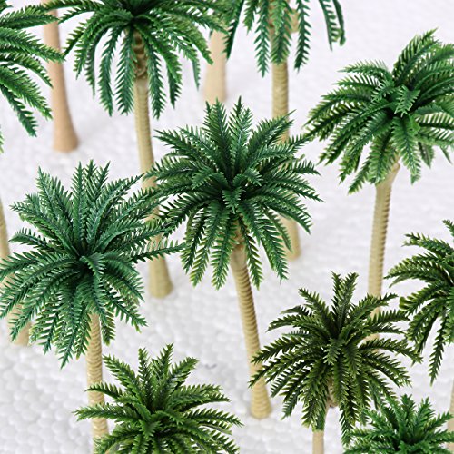 NUOLUX Model Tree Coconut Palm Trees Scenery Model Miniature Railroad Diorama Layout Architecture Trees for DIY Scenery Landscape, Natural Green 5 Size 15Pcs