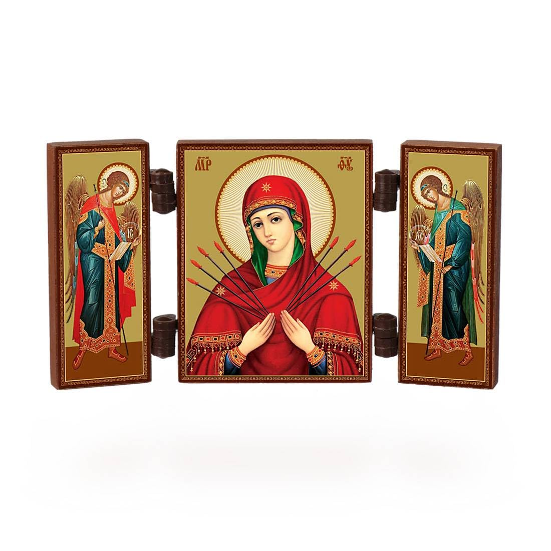 NKlaus - Mother of God Seven Pipes - Christian Icon Triptych - Semistrel'naja - travelling altar wood 36170