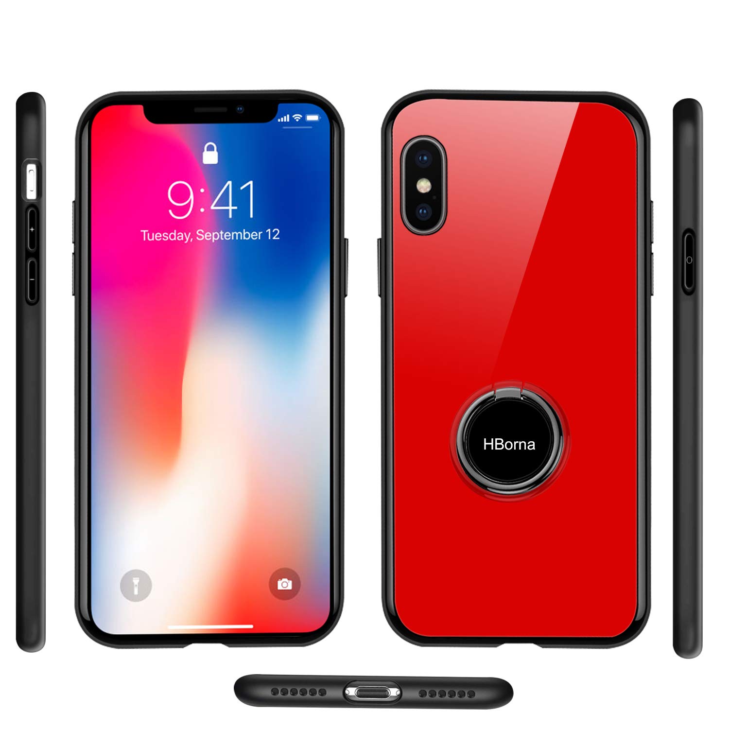 Coque iPhone X, Coque iPhone 10 avec Béquille Porte-Anneau, 9H Couverture Arrière en Verre trempé et TPU Bupmer Anti-Scratch Housse pour iPhone X (Rouge)