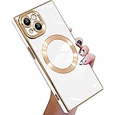 KANGHAR Case Designed for iPhone 15 Magnetic [Compatible with MagSafe] Luxury Cute Plating Design Case Full-Body Anti-Scratch Shockproof Bumper Protective Cover White