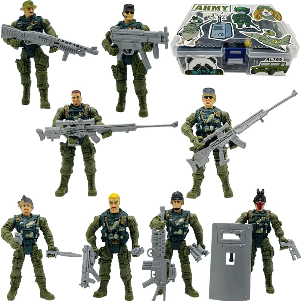 Fycooler Toy Soldiers Army Figures Toys, Army Men Toy Soldiers Action Figure Toy with Weapon, Combat Military Figures Playsets Army Toys Gift for Kids/Boys with 50pcs Sticker and Box