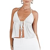 RUEWEY Women Y2K Backless Crop Top Vintage Sexy Tie Up Halter Deep V Neck Spaghetti Strap Cami Top Streetwear