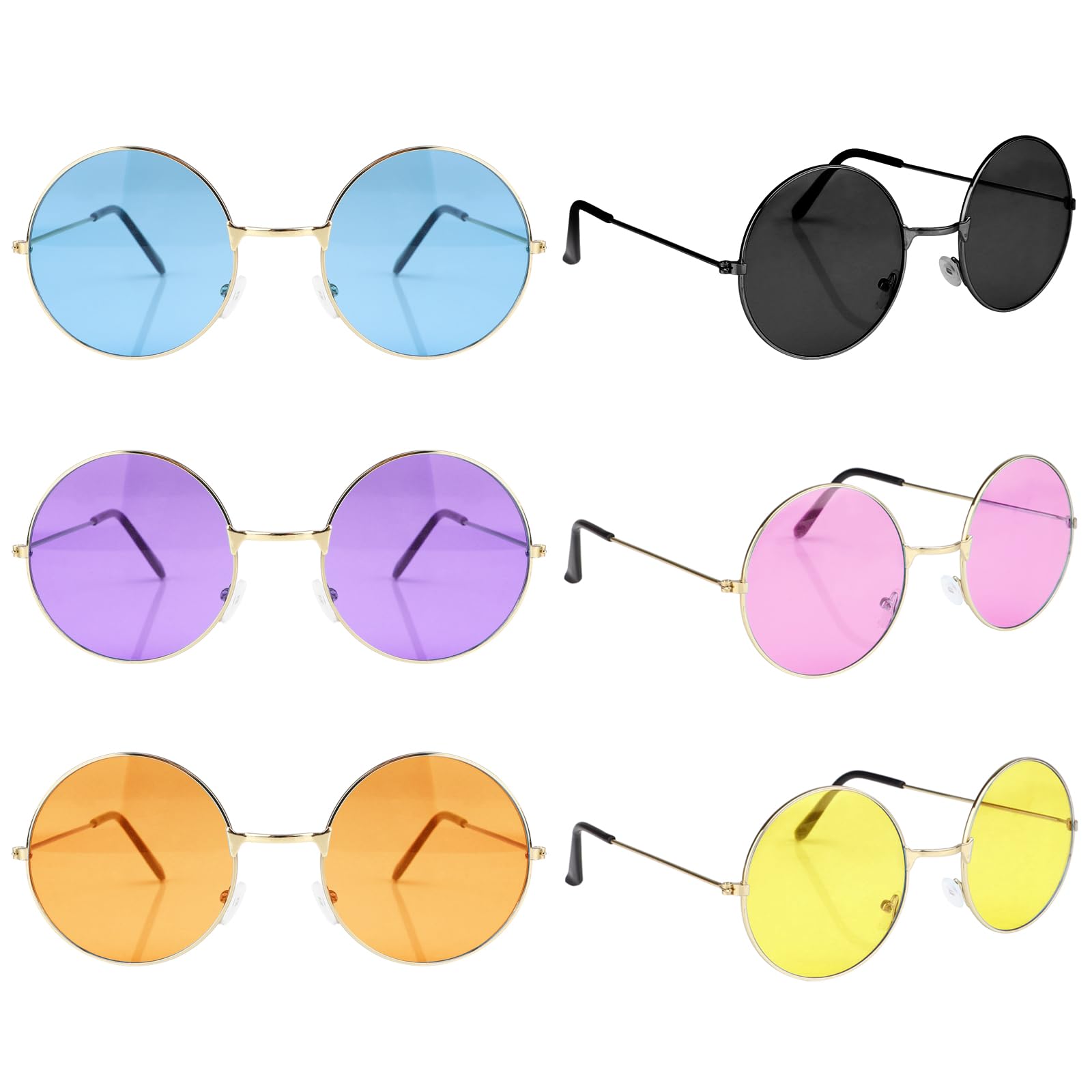 6 Pieces Retro Coloured Hippie Glasses 60s 70s Style Round Glasses with Metal Frames Hippy Specs Funky Sunglasses Fancy Dress Accessories for Women Men Costume Beach Festival Disco Party Decoration
