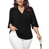 SCOMCHIC Women's Plus Size Blouses 3/4 Sleeve Dressy Tunic Tops Casual Loose V Neck Pleated Shirts