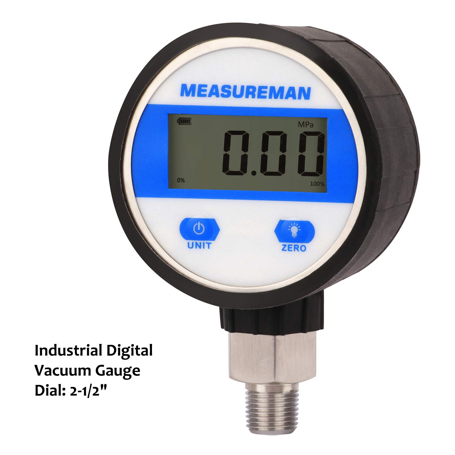 Measureman 2-1/2" dial, Digital Industrial Vacuum Gauge with 1/4"NPT Lower Mount, Stainless Steel case and Connection, -15psi, 1%, Battery Powered, with LED Light: Industrial & Scientific
