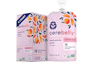 Cerebelly Sweet Potato Peach Smoothie (Pack of 6) - Healthy Kids Snacks - Baby Food Pouch with 16 Vital Nutrients and Brain Support from Superfoods - Organic Fruit & Veggie Purees, Baby Fruit Squeeze Pouches for Kids, No Added Sugar