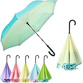 RUMBRELLA Reverse Umbrella Auto Close Windproof Car Umbrella Inverted with J Hook Handle for Women Girls, Green Yellow