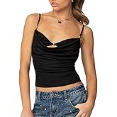 Women Y2K Spaghetti Strap Tank Top Sleeveless Draped V-Neck Neck Hollow Out Front Solid Color Slim Fit Crop Camisole