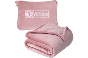 Vessia Travel Blanket for Airplane, Train and Car, Warm and Soft Travel Blanket in Bag for Adults and Kids, Portable Compact Long Flight Blanket with Luggage Sleeve, Backpack Clip(Pink)