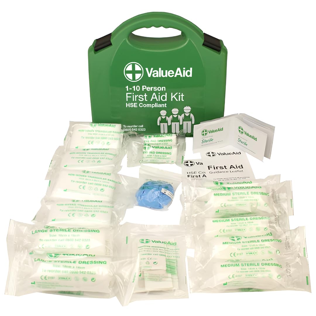 Value Aid HSE Compliant First Aid Kit for Workplace, Home & Car - CE Marked Contents, Double-Clasp Case with Handle - Complete Set for 1-10 People Includes Plasters, Bandages & Medical Supplies