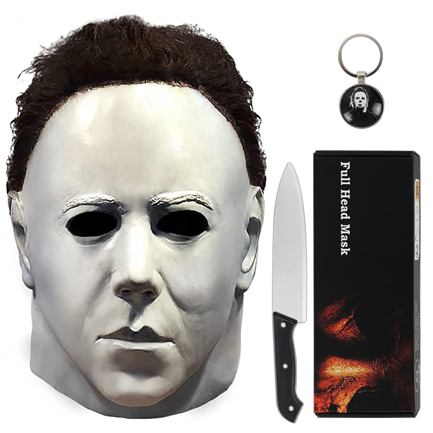 Noufun Michael Myers Mask for Adults, Original Micheal Myers Face - Halloween 1978, Full Head Mask Halloween Horror Face Headgear Latex Rubber with Hair, Includes Knife and Keychain (Original-1978)