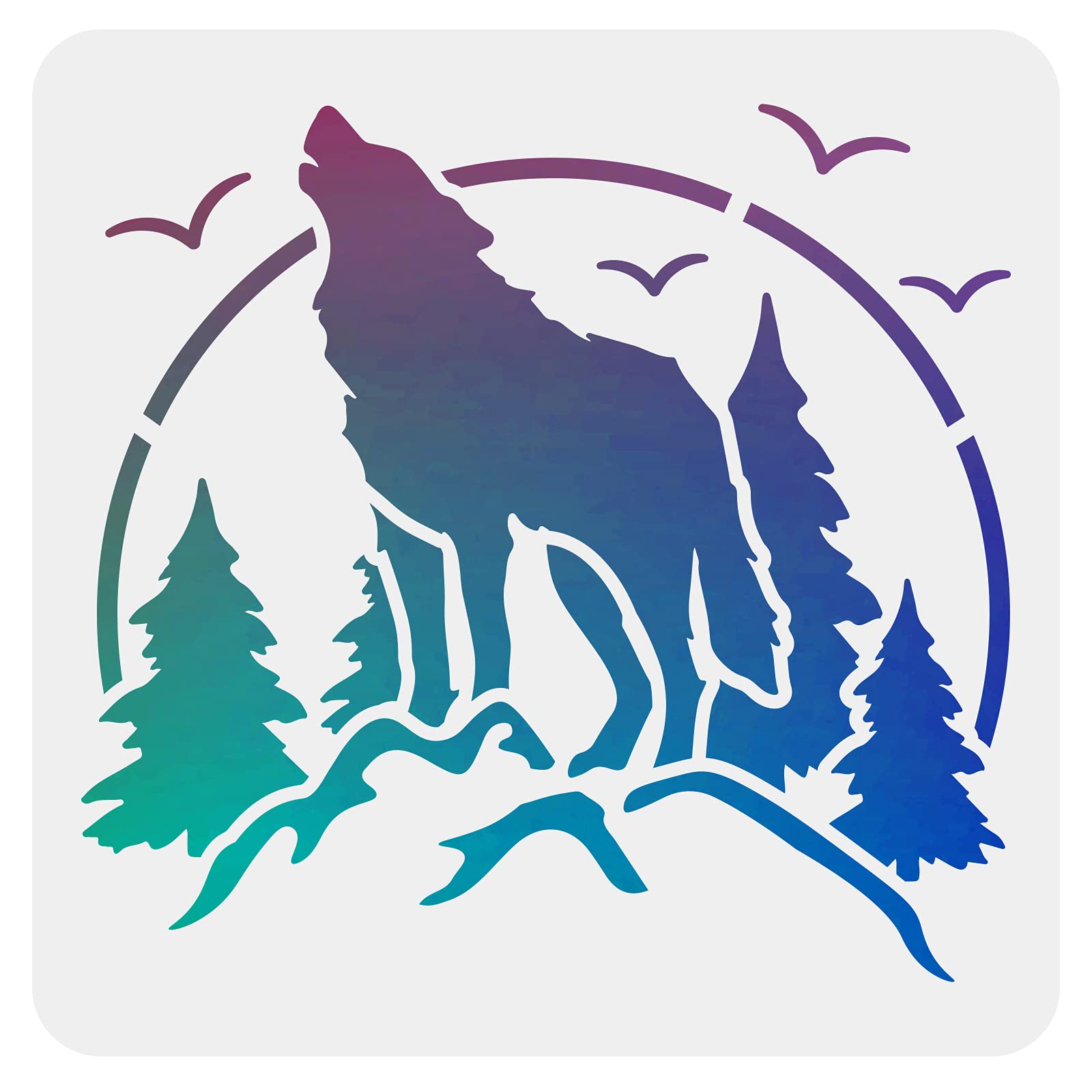 FINGERINSPIRE Forest Wolf Mountain Stencils Decoration Template 30x30cm Plastic Woodland Drawing Painting Stencils Square Reusable Stencils for Painting on Wood, Floor, Wall and Tile — image 1
