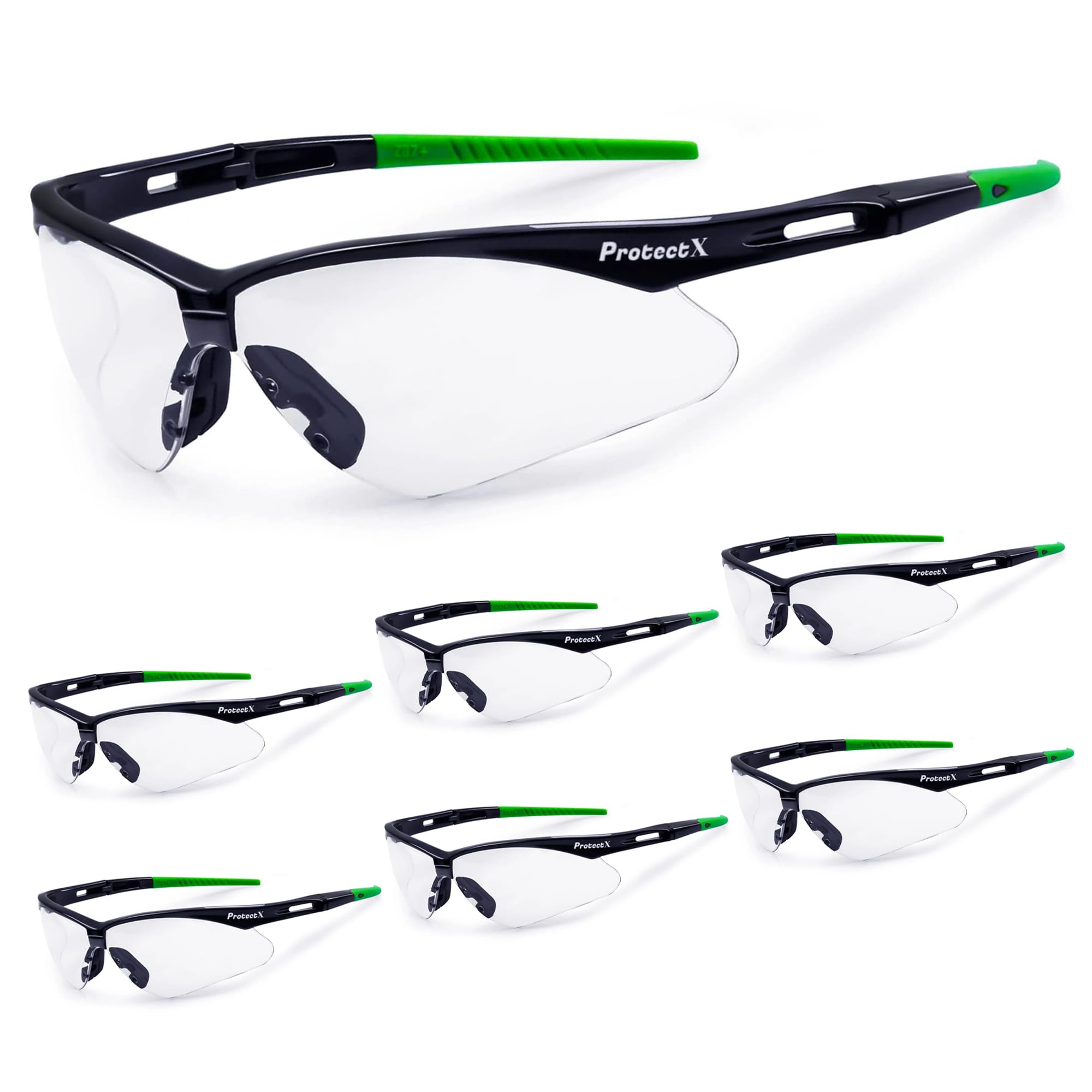 ProtectX Safety Glasses Scratch Resistant Anti Fog Polycarbonate Lenses ANSI Z87.1 Rated with UV Protection Superlight Evergreen Clear 6 PK Image