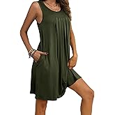 Ekouaer Women Nightgown with Pockets Sleep Shirts Sleeveless Sleepwear Pleated Front Nightshirt Round Neck Nightdress