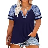 CARCOS Plus Size Tops for Women Short Sleeve Summer Pullover Color Block Crewneck/V Neck Tee Tunic Loose Fit Tshirts XL-5XL