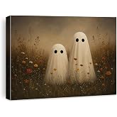 Halloween Wall Art Decor, Ghost Couple Canvas Print Framed 8x10 Inch | Fall Wall Art Decor for Home Living Room Bedroom Halloween Spooky Cute Ghosts In Wildflower Framed Canvas Artwork