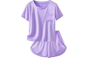 Petite&Me Silk Girls Pajamas Soft T-Shirt Flowy Shorts Flora Party Sleepwear Set for Kids/Teens