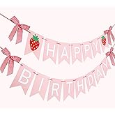 JarThenaAMCS 2Pcs Strawberry Happy Birthday Banner 3D Pink White Birthday Paper Banner with Ribbon Bow for Home Office Hanging Decoration
