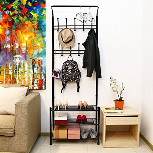 HOMFA Metal Entryway Coat Shoe Rack 3tier Shoe Bench with Coat Hat