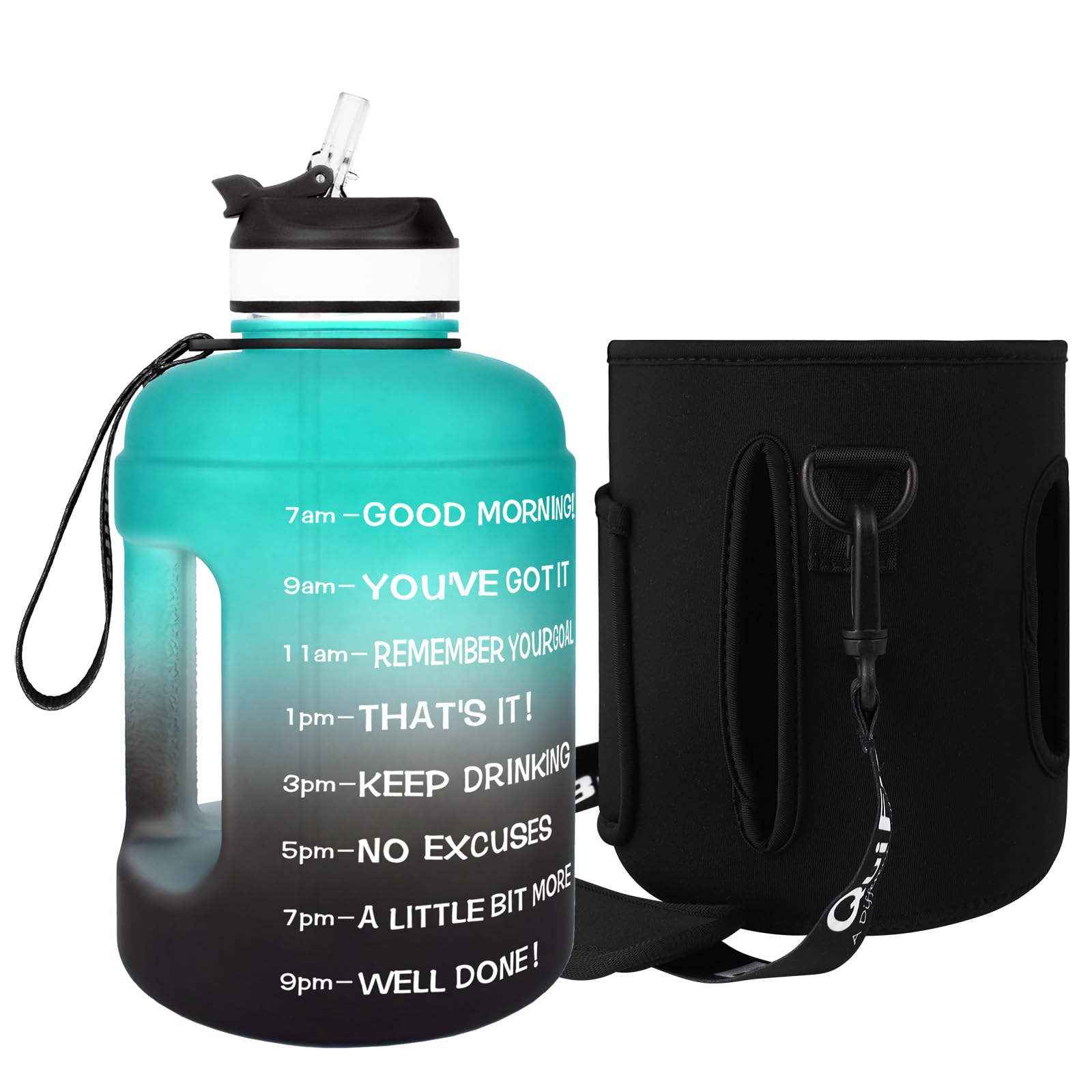 QuiFit 3.78/2.2 Litre Motivational Water Bottle - with Straw & Time Marker,Wide Mouth,BPA Free,Reusable,Ideal for Gym,Outdoor Sport,Home & Office (Green Black with Sleeve, 2.2 Liter)